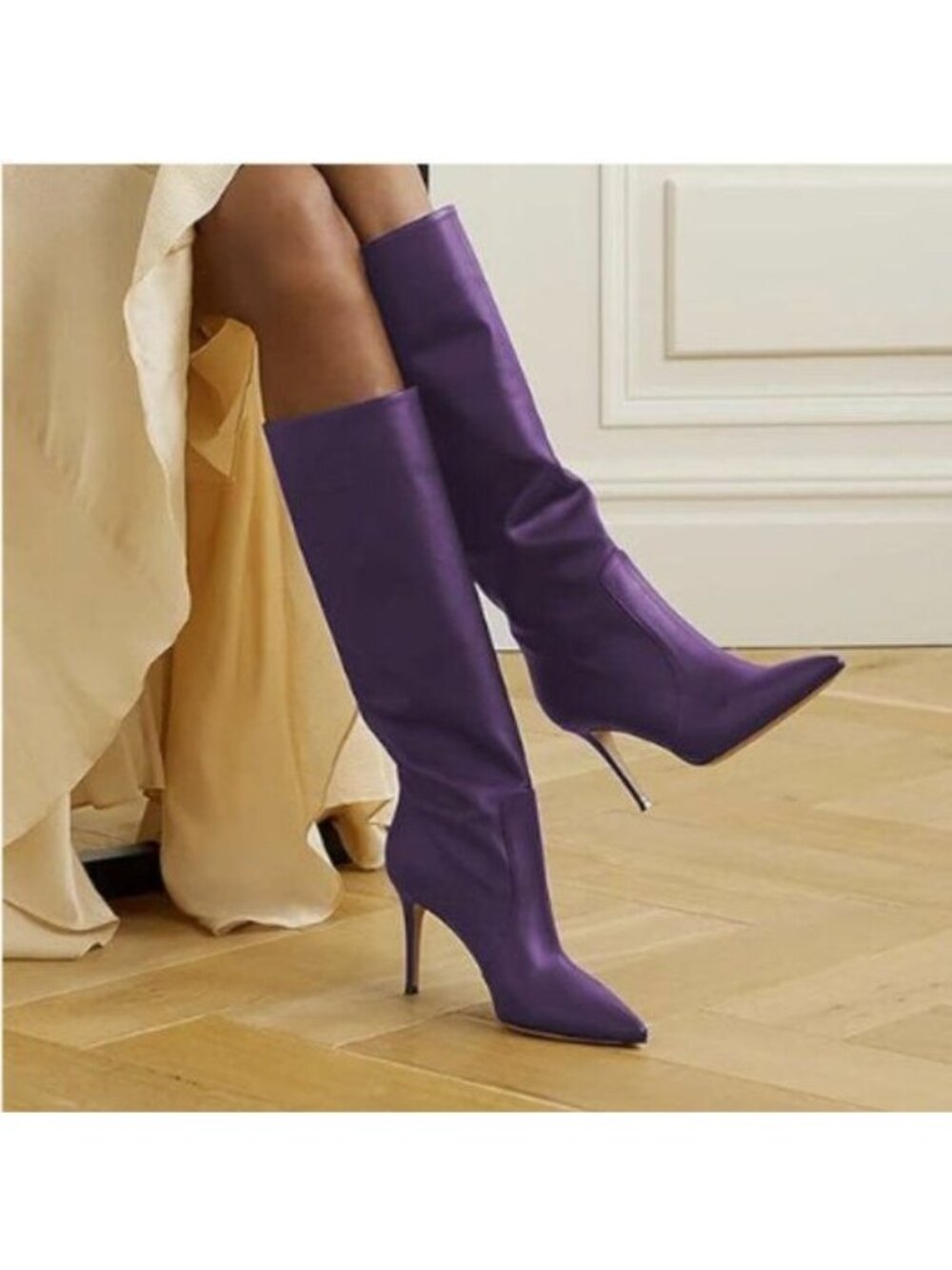 FOWT Women Wide Calf Knee High Boots Kitten Heels Long Booties Pointed Toe Purle